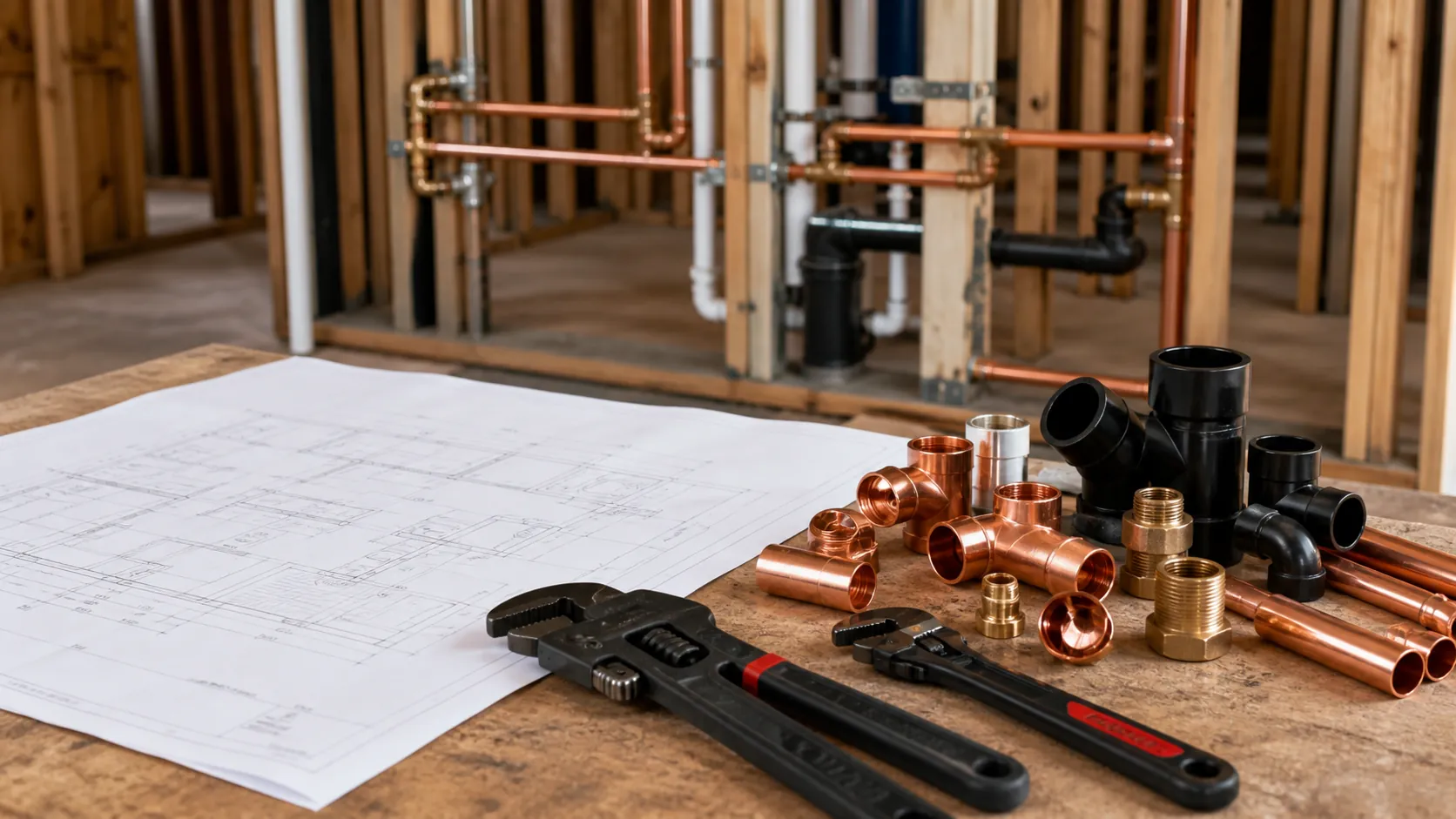 Professional plumbing tools arranged for project work